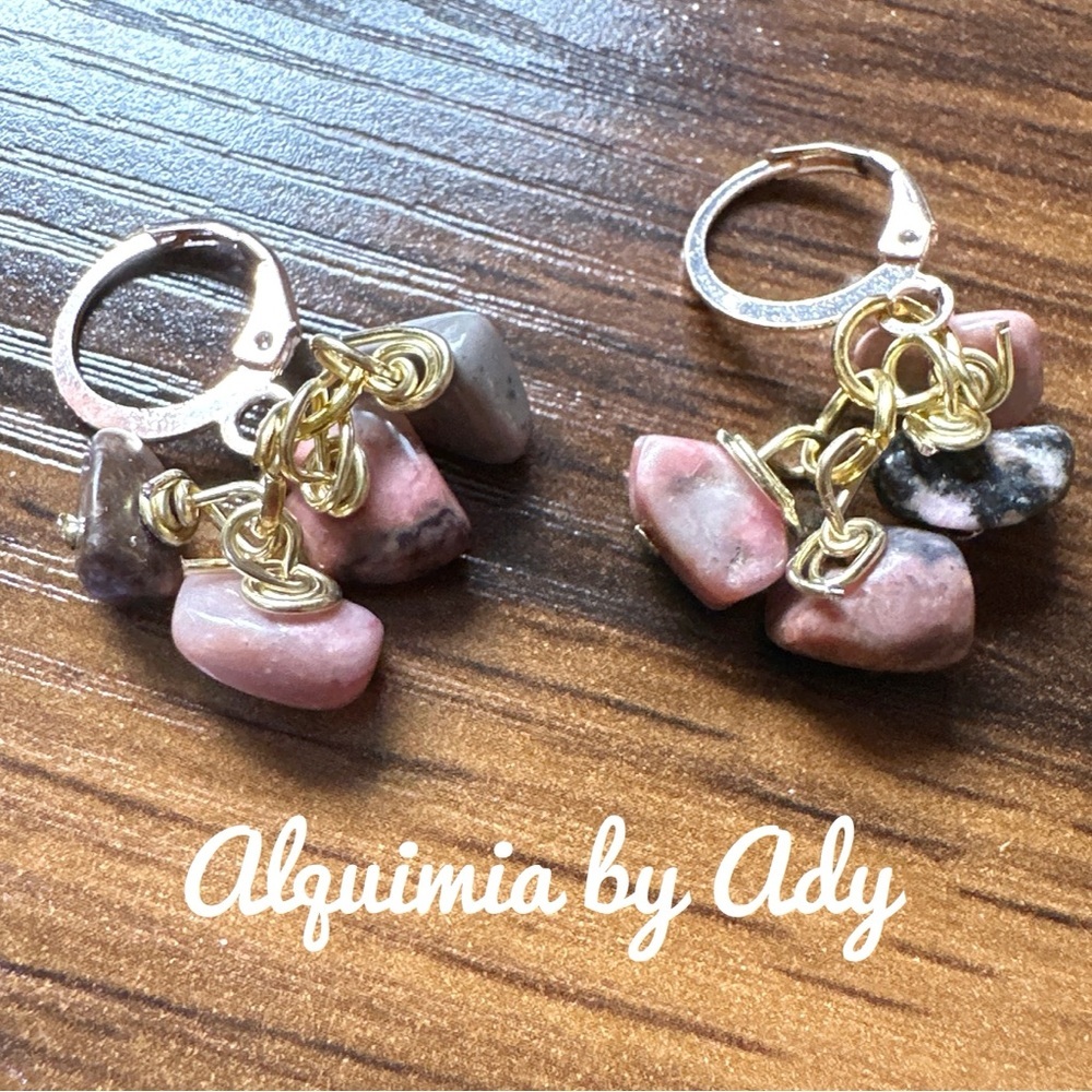 Rhodonite jeweled gold confetti statement earrings handmade cluster chandelier